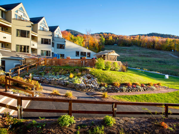 The balcony off the resort in Lincoln, NH with the views of the White Mountains during the fall foliage