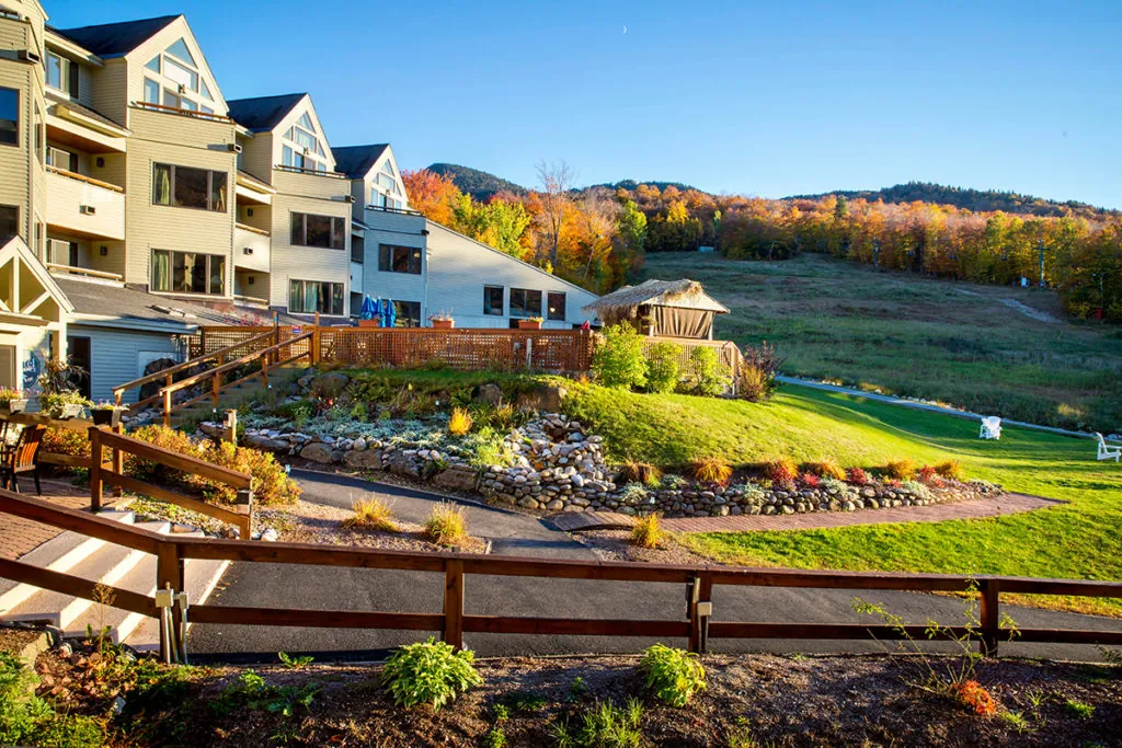 The balcony off the resort in Lincoln, NH with the views of the White Mountains during the fall foliage