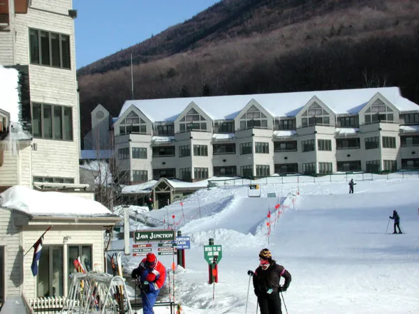 Resort building in the middle of the snowy White Mountains of Lincoln, NH