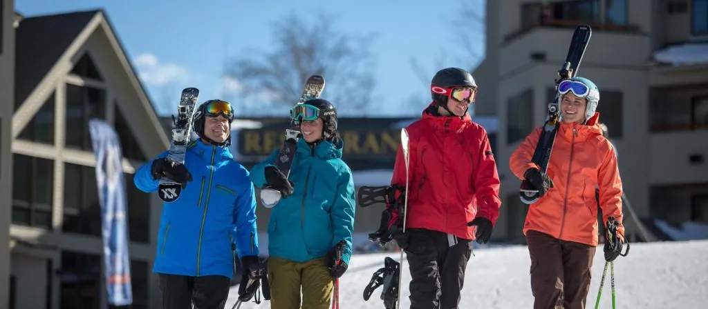ski and stay, mountain club on loon, skiiers, snowboarding, summit, black diamond pub, slope side hotel, new england